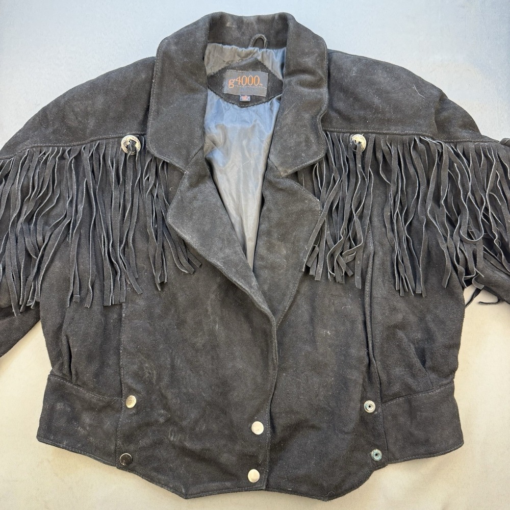 Vintage G4000 80s Black Western Biker Suede Fringe Jacket Boho Sz Women's Medium